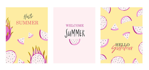 Set of three isolated postcards of pitahaya watercolor illustration. Hello summer flayer templates