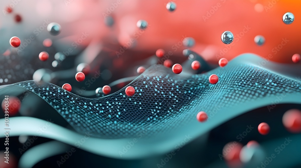 Poster innovative transparent graphene layers nanomaterial flat design molecular atomic structure grid netw