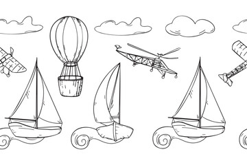 Sailing ship, air balloon, airplane black and white vector graphic seamless border. Monochrome boat, aircraft, vessel, aerostat repeating board hand drawn. Endless silhouette transport for boy.