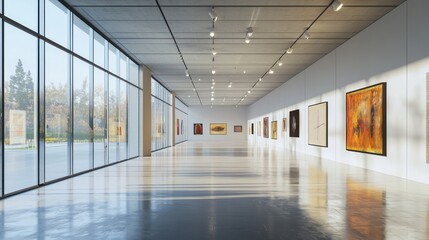 Fototapeta premium A contemporary art museum with floor-to-ceiling windows and directional ceiling lights that perfectly illuminate each artwork