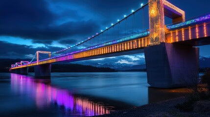 A contemporary bridge with dynamic LED strips along its length, changing colors and patterns to celebrate special occasions and holidays