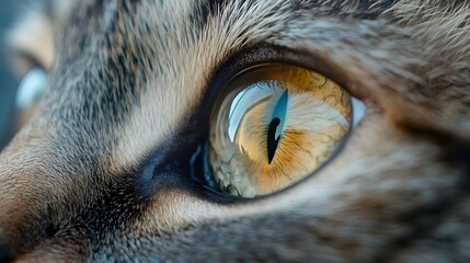 Two close-up images of a cat's eye in warm tones, focusing on the intricate details of the iris and surrounding textures. The eye is reflective and captures the natural beauty of feline anatomy