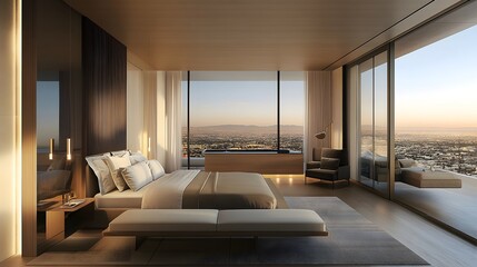 Modern hotel bedroom with a bed, bench, and armchair positioned near a panoramic window