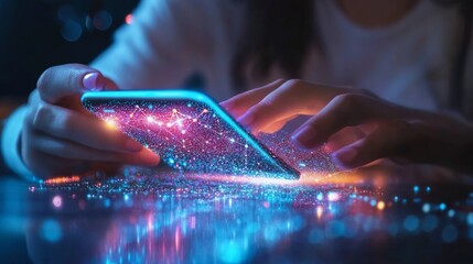 A woman's hands hold a smartphone with glowing digital network and data connections emanating from the screen.