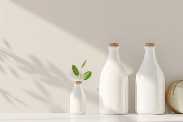 Three white ceramic bottles with cork stoppers and a small plant on a light background. Minimalist composition for home decor and natural product mockup. Mockup.  Generative AI