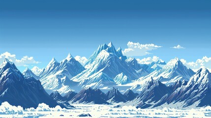 Obraz premium Pixel Art Mountain Range with Snowy Peaks Under Clear Blue Sky for Outdoor Adventure Marketing
