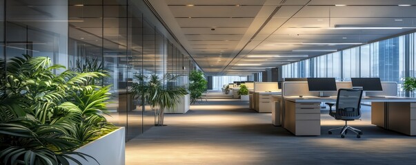 A contemporary office space with automated, energy-efficient lighting that senses occupancy and adjusts brightness accordingly, promoting sustainability