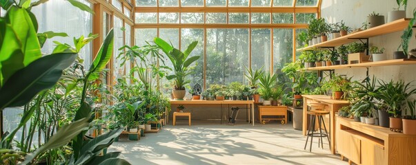 Fototapeta premium A contemporary plant shop with an indoor greenhouse, rare plant species, and workshops on sustainable gardening