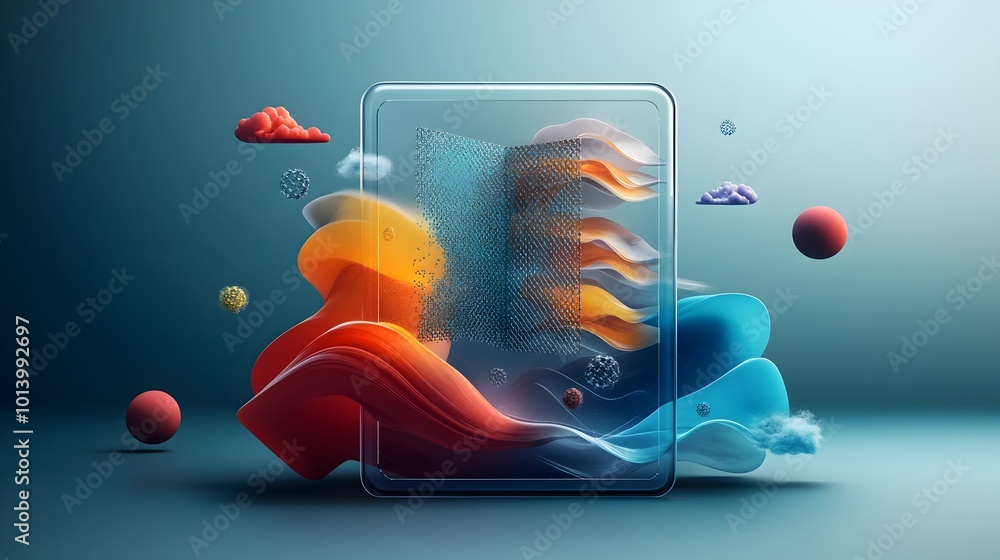 Poster a 3d rendered image showcasing a transparent graphene display screen with layers of graphene enhanci