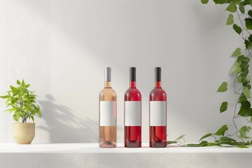Three wine bottles with blank labels on white surface, surrounded by green leaves. Wine branding and packaging mockup. Mockup.  Generative AI