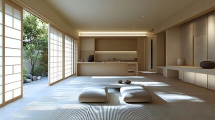 Modern Japanese minimalist interior showcasing a sleek kitchen and living room