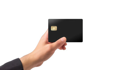 Hand holding a black credit card with a chip isolated on black background.