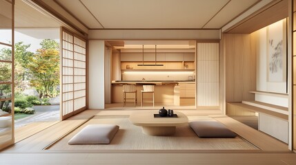 Fototapeta premium Modern Japanese minimalist interior showcasing a sleek kitchen and living room