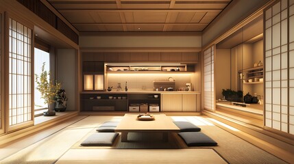 Fototapeta premium Modern Japanese minimalist interior showcasing a sleek kitchen and living room