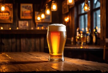 delightfully crafted beer glass overflowing rich foam resting rustic wooden table offering cozy tavern ambiance, beverage, golden, liquid, pour, cold, drink