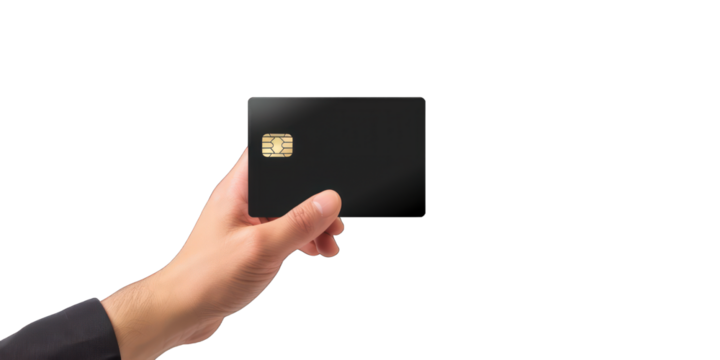 Hand holding a black credit card with a chip isolated on black background.