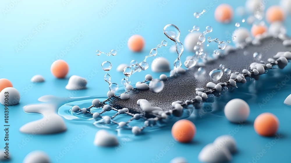 Aufkleber 3d rendered of a graphene system displaying water molecules seamlessly passing through a graphene me