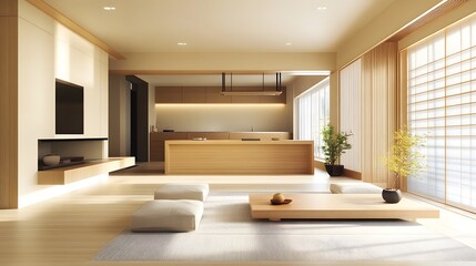 Fototapeta premium Modern Japanese minimalist interior showcasing a sleek kitchen and living room