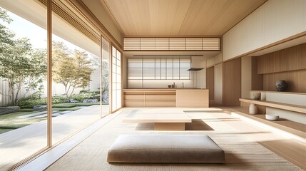 Fototapeta premium Modern Japanese minimalist interior showcasing a sleek kitchen and living room