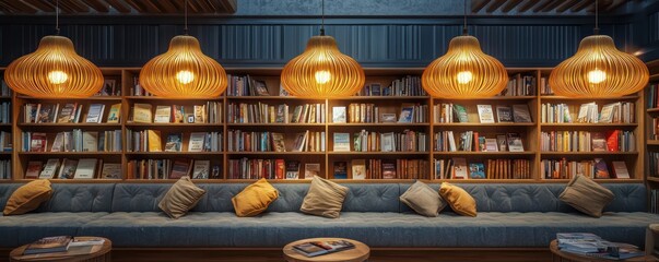 A cozy bookstore cafe with soft, amber light fixtures hanging over each reading nook, offering a perfect spot for readers to linger and enjoy their books
