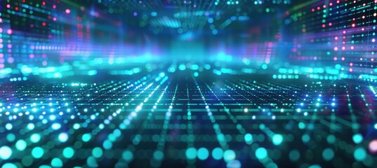 Futuristic 3D Digital Grid in Vibrant Blues and Greens for Tech Advertisements