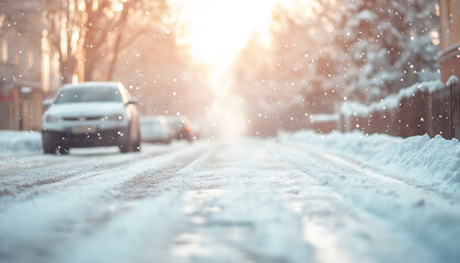 Winter scene of a snow-covered street at sunrise with cars parked along the road, snowflakes gently falling, and soft sunlight creating a peaceful, quiet atmosphere with ample copy space.