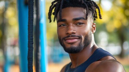 Obraz premium A young Black man with dreadlocks smiles confidently at the camera while standing by a playground.