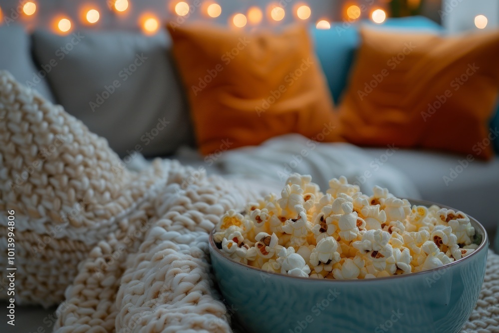 Poster a bowl of popcorn rests on a cozy couch, surrounded by soft pillows and glowing string lights in a w