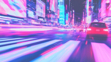 busy urban street at night with light trails from traffic and pedestrians crossing the road