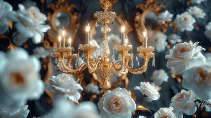 Obraz premium Nostalgic Reflection, a lavish rococo room adorned with a vintage chandelier, golden mirrors, and misty black and white roses, exuding an enchanting bioluminescent glow.