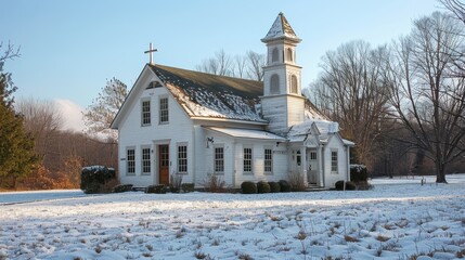 Serene White Church, nestled among green landscapes, features a tall steeple, intricate stained glass, and a welcoming atmosphere, surrounded by peaceful nature.