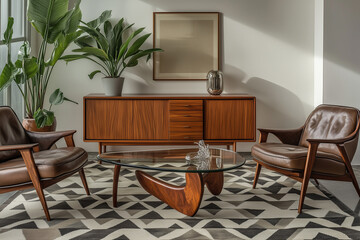 Fototapeta premium Mid-century modern living room with wooden furniture, leather armchairs, geometric rug, and lush green plants, creating a stylish and natural interior