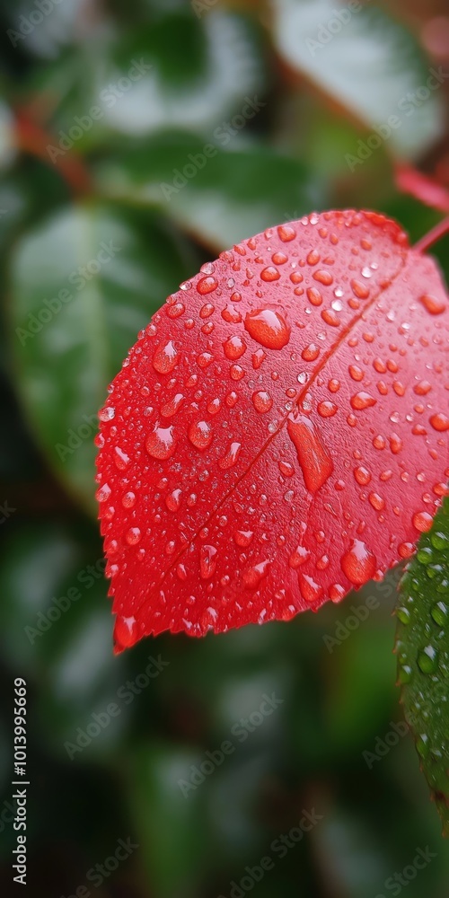 Poster a leaf with raindrops on it. the leaf is red and the raindrops are clear. the image has a calm and p