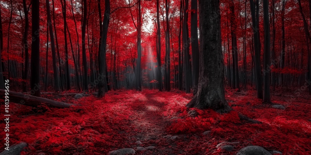 Poster a forest with red leaves and a tree in the foreground. the red leaves and the tree create a warm and