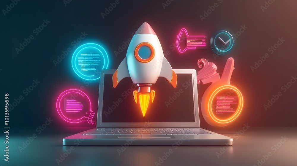 Poster innovative 3d rendered startup idea featuring laptop rocket icon coding workflow and vibrant neon pa