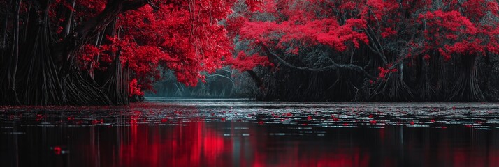 A beautiful red tree with a black trunk and leaves. The tree is surrounded by water and the water is reflecting the tree