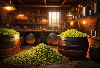 dazzling close colorful brewing ingredients equipment showcasing fresh brewing gear dynamic arrangement, hops, barley, malt, yeast, kettle, aroma, flavor