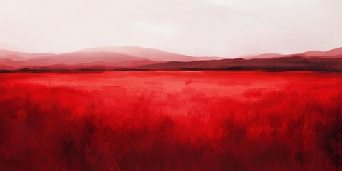 A red field with mountains in the background. The field is full of grass and the sky is white