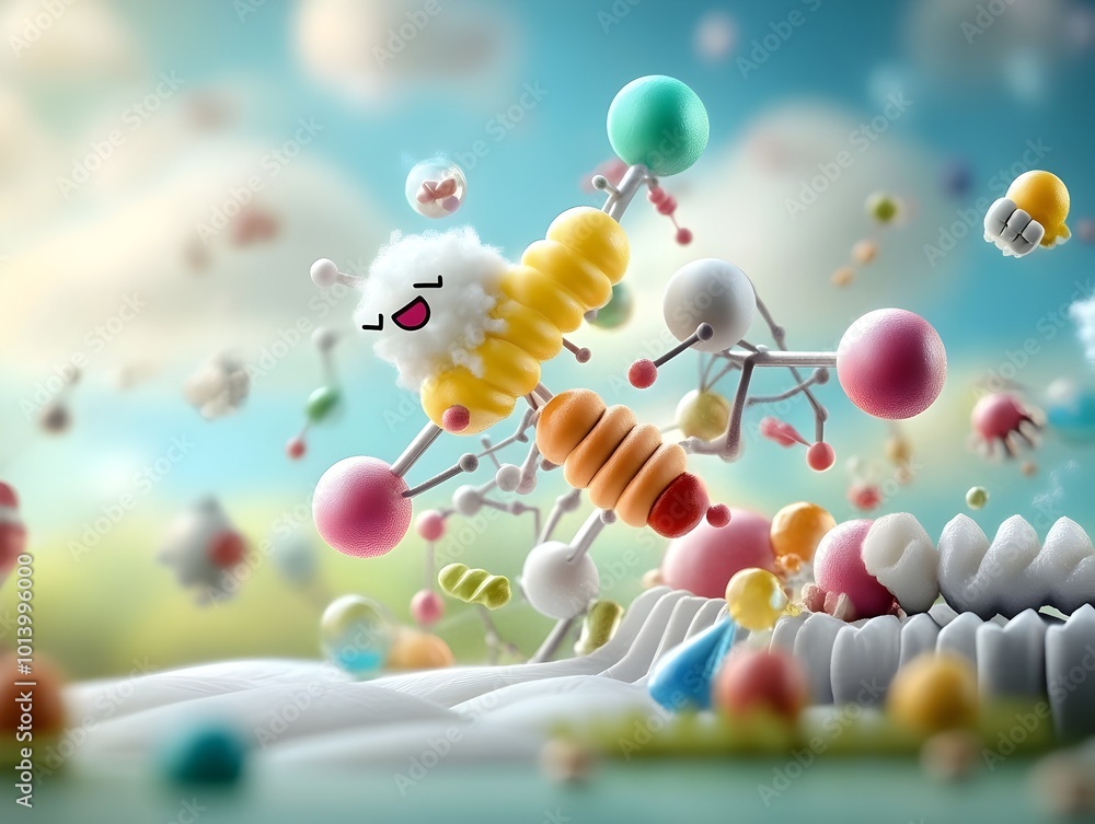 Poster whimsical and imaginative digital depicting the insulin molecule as a character with personality and