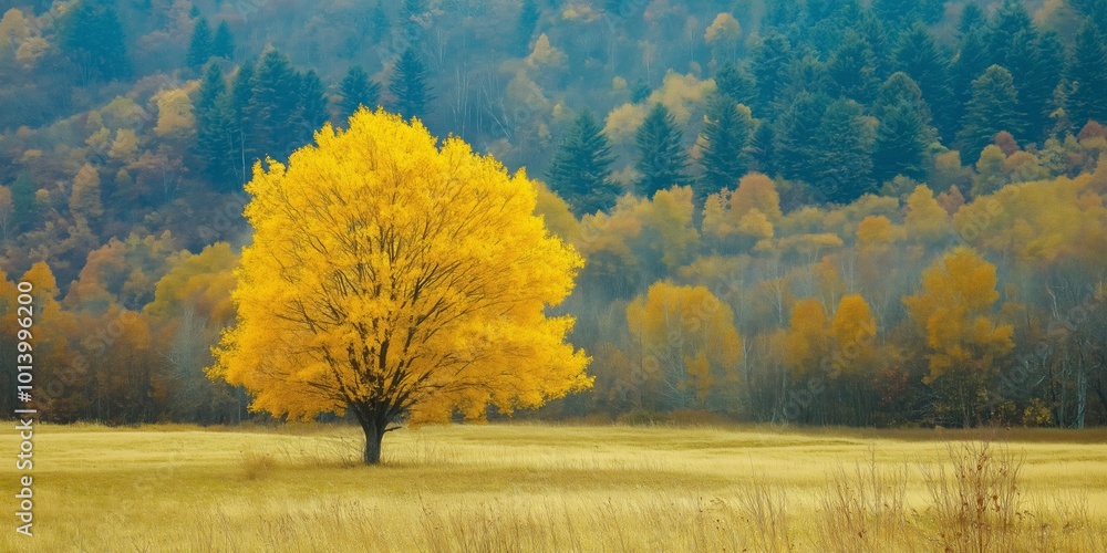 Poster a tree stands in a field of yellow grass. the tree is the only object in the image, and it is surrou