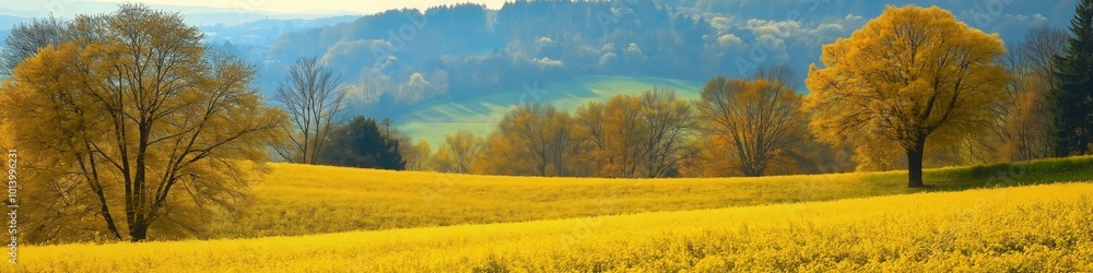 Poster a field of yellow grass with trees in the background. the trees are bare and the grass is dry