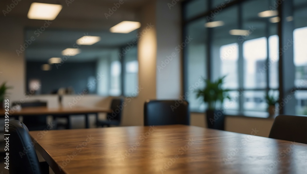 Poster a blurred office background with a table in the foreground.