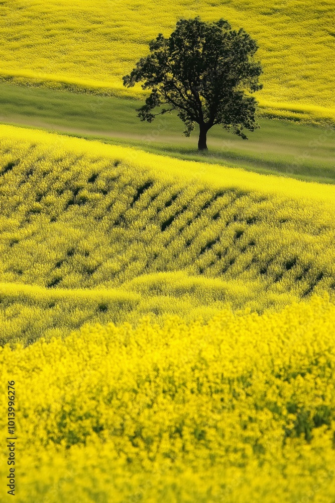 Poster a tree stands in a field of yellow flowers. the field is lush and green, and the tree is the only ob