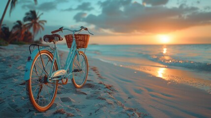 vintage bike on the seaside beach, bicycle on the beach. vacation with a bicycle. A parked bicycle on the beach with tropical palm trees