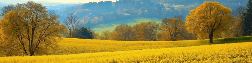 A field of yellow grass with trees in the background. The trees are bare and the grass is dry