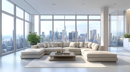 Fototapeta premium Modern living room with a beige sectional sofa and coffee table, positioned in front of large windows offering a city view