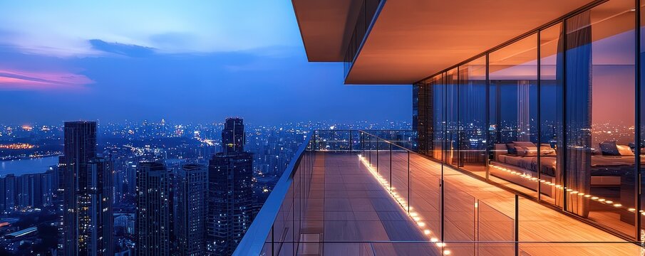 A high-rise apartment balcony with glass balustrades lit by floor-recessed LEDs, offering a stunning view of the cityscape at night