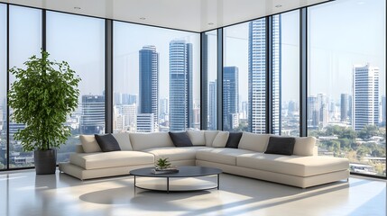 Modern living room with a beige sectional sofa and coffee table, positioned in front of large windows offering a city view