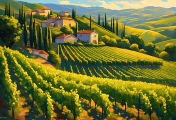 Naklejka premium spectacular vineyard landscape featuring lush greenery abundant vibrant grape clusters under clear skies, grapes, agriculture, harvest, fruit, wine, fields