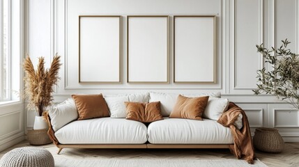 Fototapeta premium 3 empty vertical frames mockup on the wall of an elegant modern living room with a sofa, in neutral tones.